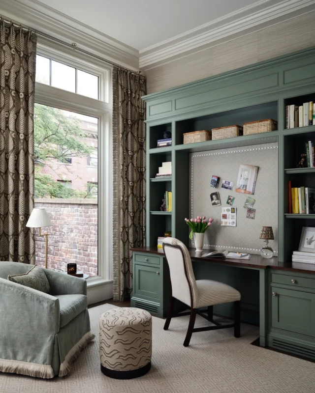 A new office beside the chef's kitchen within this to-the-studs Beacon Hill renovation includes a custom built-in desk for remote work. Generous windows fill the room with natural light.

Architecture: @patrickahearnarchitect
Interior Design: @elementstyle
Photo Credit: @seanlitchfield