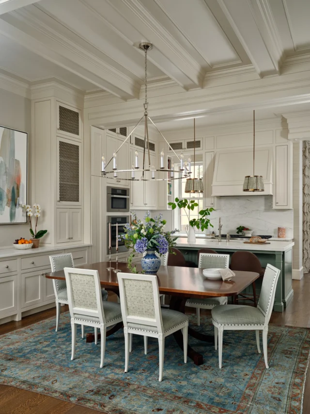 In Beacon Hill, thick cased beams and a framed ceiling overhead along with walls of custom cabinetry add to the appeal of this classically renovated kitchen and dining room. 

Architecture: @patrickahearnarchitect
Interior Design: @elementstyle
Photo Credit: @seanlitchfield