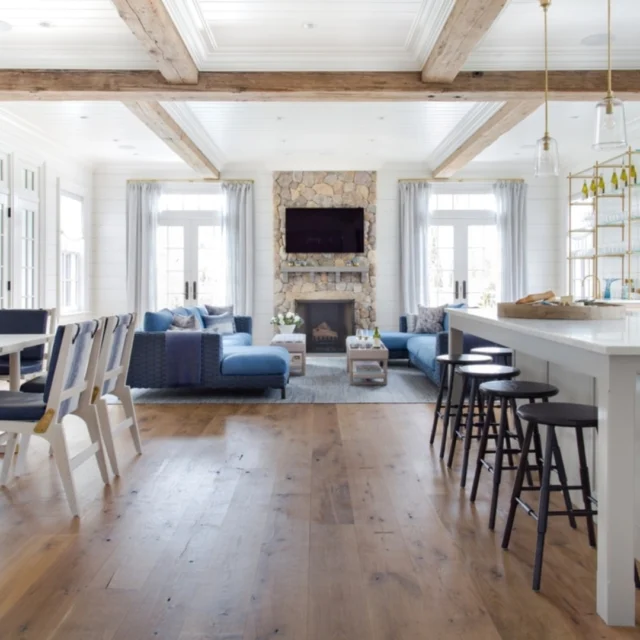 Anticipating a snowstorm on Martha's Vineyard, where a stone hearth stands ready to warm the winter season. Wide plank floors underfoot and cased reclaimed beams overhead add to the cozy atmosphere.

Architect: @patrickahearnarchitect
Builder: Burnham + Magnuson Builders
Interior Design: @karenbowinteriors
Photo Credit: @AmyVischio