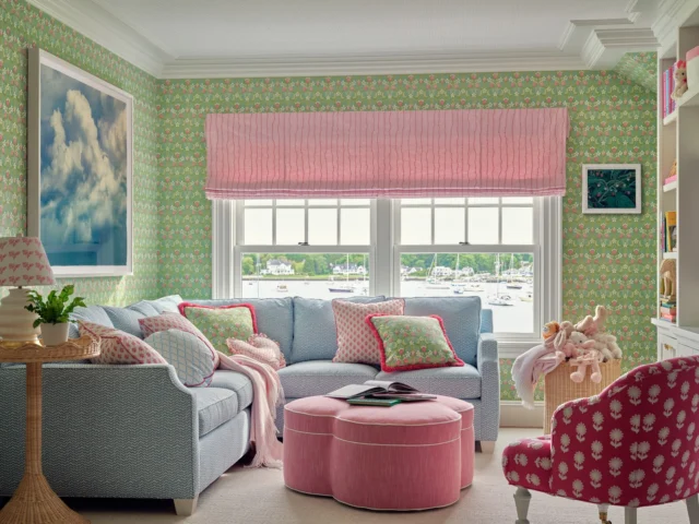 You can almost hear the giggles in the photos of the children's wing at this renovated shingle style home. Thick architectural window casing, articulated ceiling panels, and custom built ins are classical elements upon which layers of color and pattern have been added.

Architecture: @patrickahearnarchitect
Interior Design: @annsleyinteriors
Builder: @colcloughconstruction
Photo Credit: @seanlitchfield
Styling: @matthewgleasonstylist