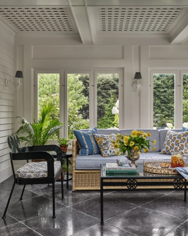 Latticework on the ceiling of a three-season porch adds an architectural design element within this renovated and expanded Wellesley Farms colonial.

Architecture: @patrickahearnarchitect
Builder: @whitlabrothersbuilders
Interior Design: @katierosenfeld
Stylist: @matthewgleasonstylist
Photo Credit: @readmckendree